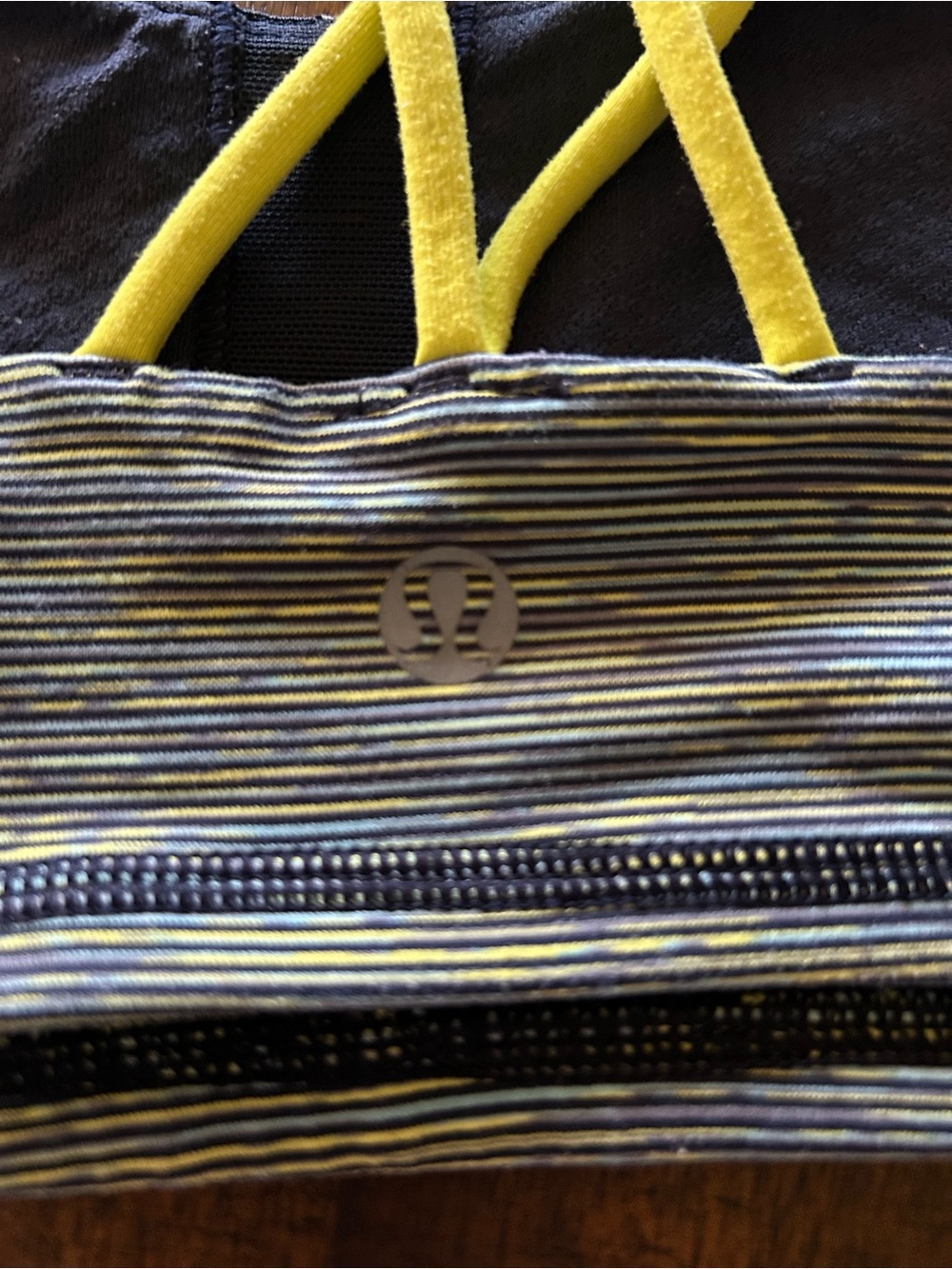 lululemon athletica Gray Striped Sports Bra with Neon Yellow Crisscross Straps - Picture 5 of 6